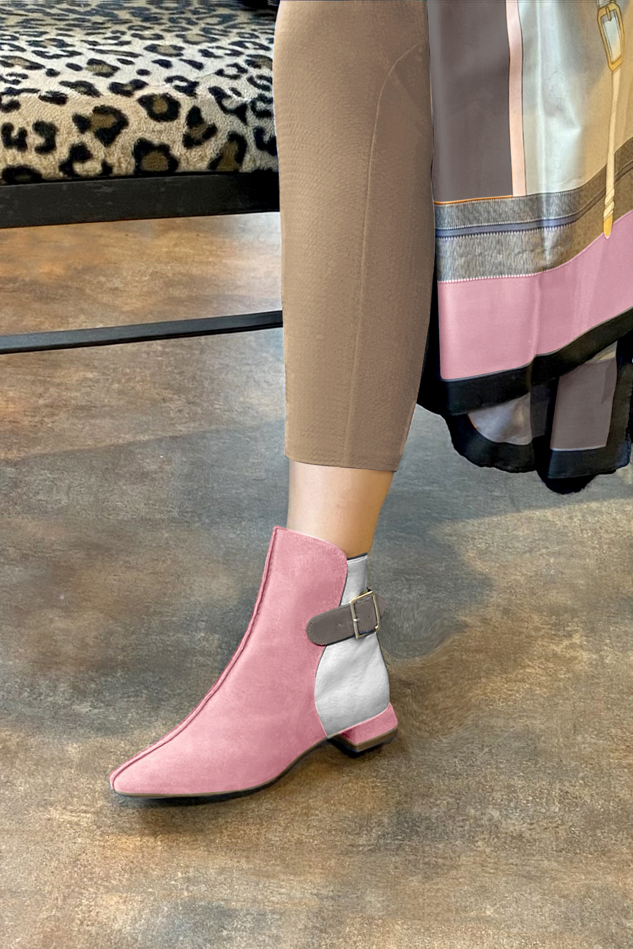 Carnation pink, light silver and pebble grey women's ankle boots with buckles at the back. Square toe. Flat flare heels. Worn view - Florence KOOIJMAN
